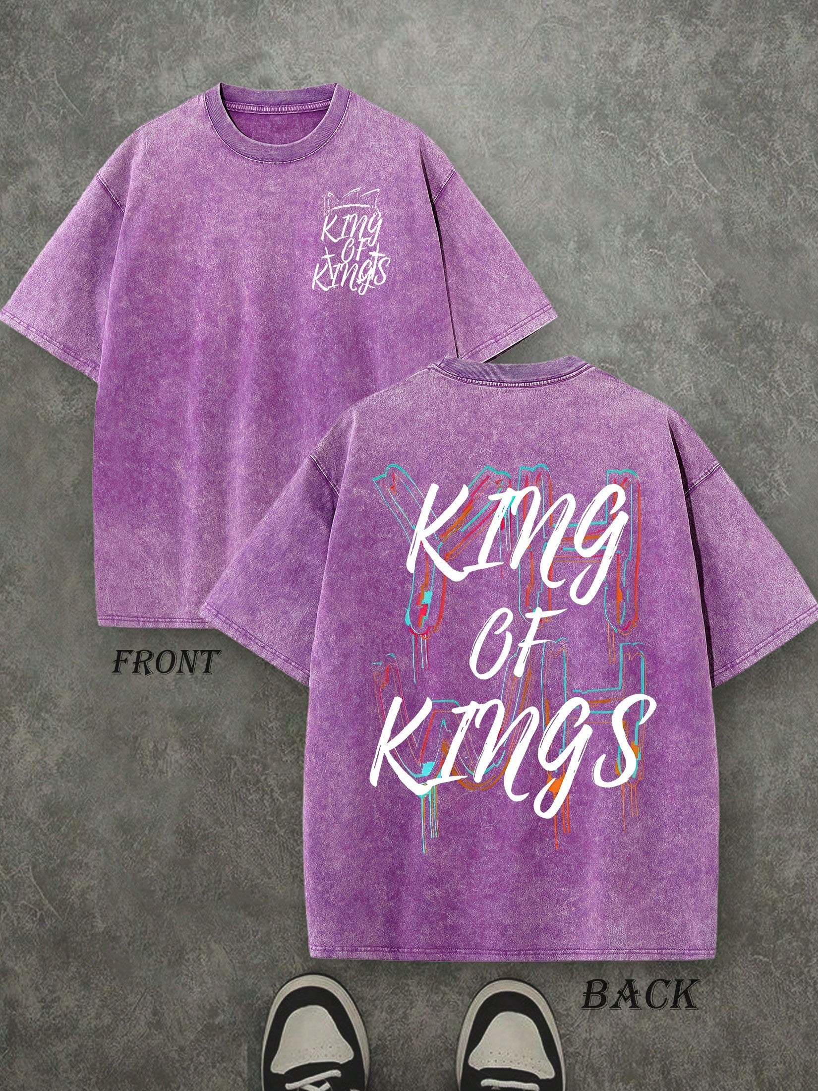 Retro Washed T-Shirt Double Sided Printed (230 Pure Cotton T-Shirt) 'YHWH KING OF KINGS'  Letter And Crown Pattern Print, Men's T-Shirt, Men's Casual, Comfortable, Fashionable T-Shirt, Street Style Cotton