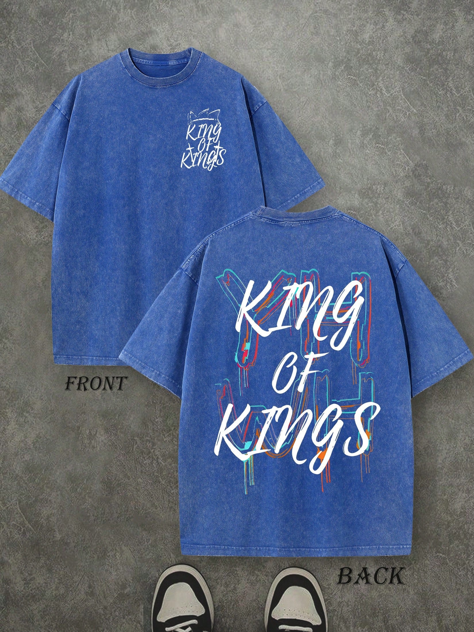 Retro Washed T-Shirt Double Sided Printed (230 Pure Cotton T-Shirt) 'YHWH KING OF KINGS'  Letter And Crown Pattern Print, Men's T-Shirt, Men's Casual, Comfortable, Fashionable T-Shirt, Street Style Cotton