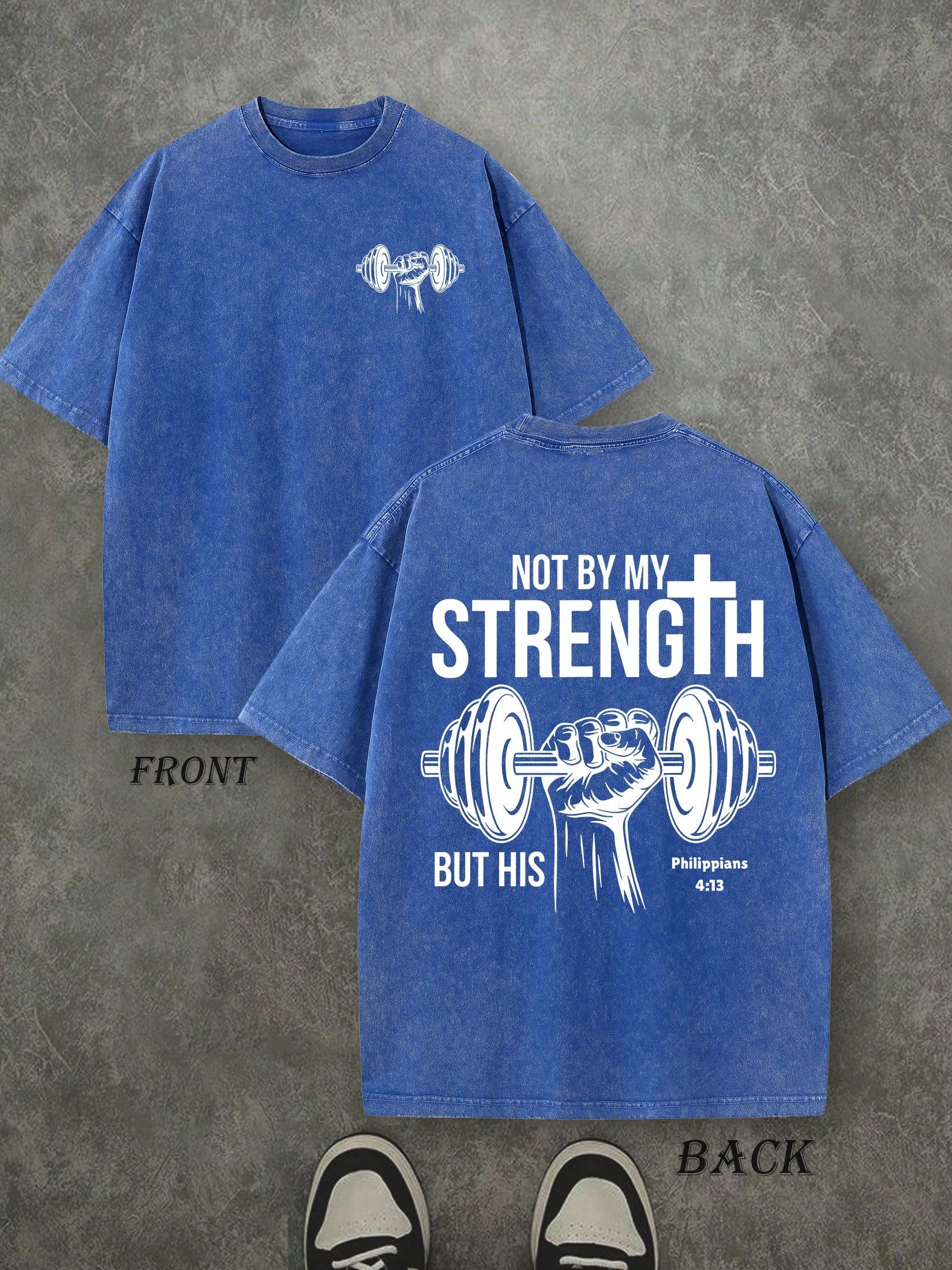 Retro Washed T-Shirt Double Sided Printed (230 Pure Cotton T-Shirt) 'NOT BY MY STRENGTH BUT HIS'  Letter And Pattern Print, Men's T-Shirt, Men's Casual, Comfortable, Fashionable T-Shirt, Street Style Cotton