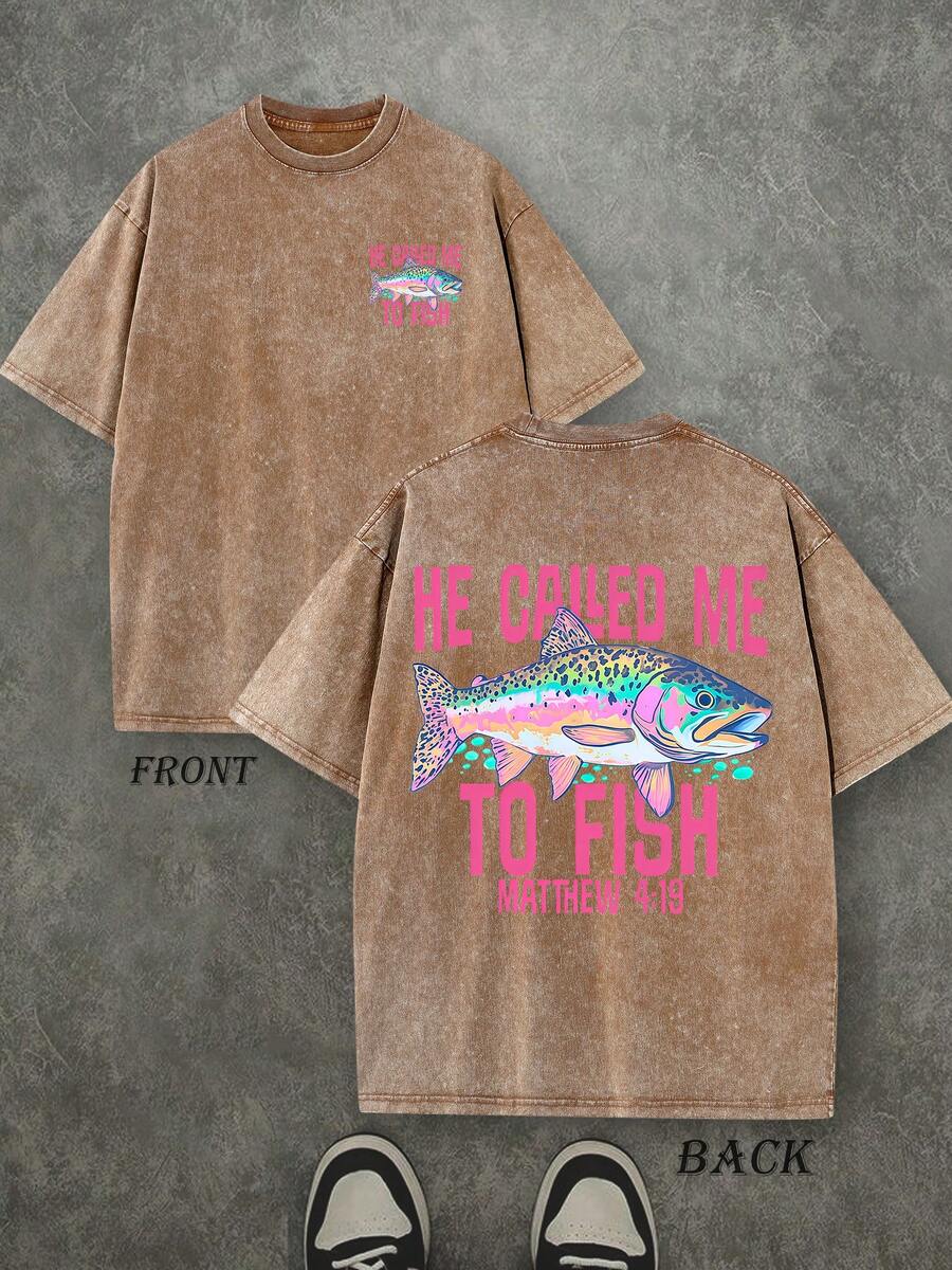 Retro Washed T-Shirt Double Sided Printed (230 Pure Cotton T-Shirt) 'HE CALLED ME TO FISH'  Letter And FISH Pattern Print, Mens TShirt, Mens Shirt Casual, Comfortable, Fashionable T-Shirt, Street Style Cotton
