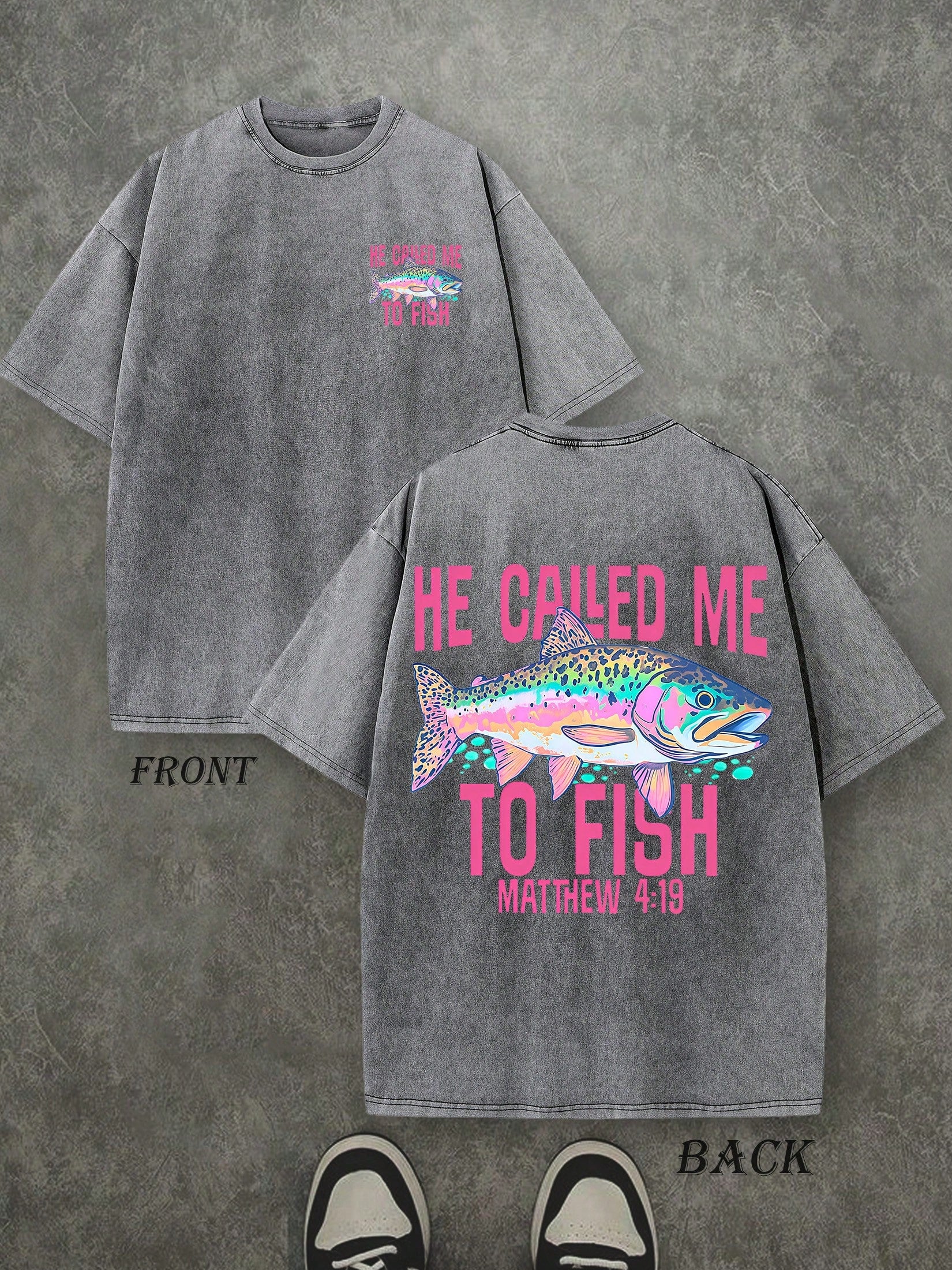 Retro Washed T-Shirt Double Sided Printed (230 Pure Cotton T-Shirt) 'HE CALLED ME TO FISH'  Letter And FISH Pattern Print, Mens TShirt, Mens Shirt Casual, Comfortable, Fashionable T-Shirt, Street Style Cotton