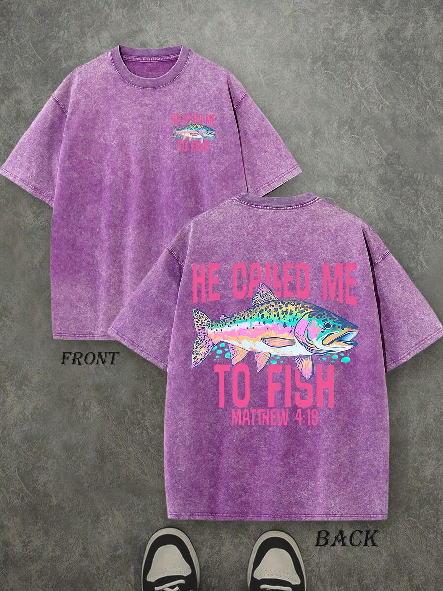 Retro Washed T-Shirt Double Sided Printed (230 Pure Cotton T-Shirt) 'HE CALLED ME TO FISH'  Letter And FISH Pattern Print, Mens TShirt, Mens Shirt Casual, Comfortable, Fashionable T-Shirt, Street Style Cotton