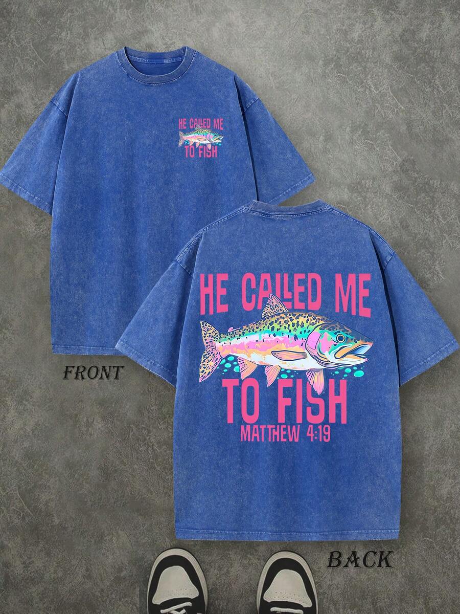 Retro Washed T-Shirt Double Sided Printed (230 Pure Cotton T-Shirt) 'HE CALLED ME TO FISH'  Letter And FISH Pattern Print, Mens TShirt, Mens Shirt Casual, Comfortable, Fashionable T-Shirt, Street Style Cotton