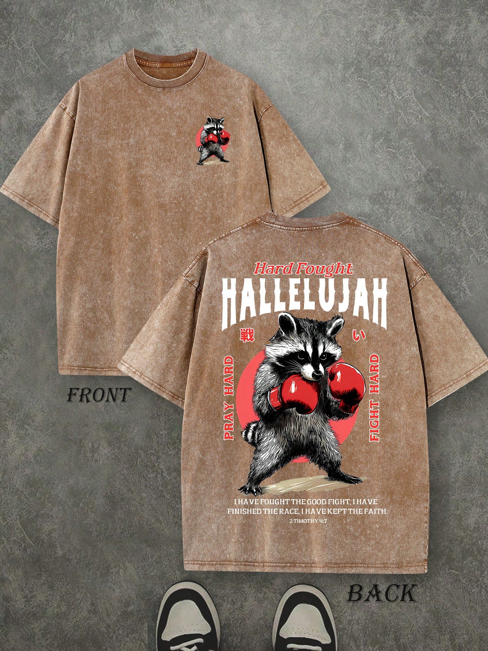 Retro Washed T-Shirt Double Sided Printed (230 Pure Cotton T-Shirt) 'HARD FOUGHT HALLELUJAH'  Letter And Boxing Pattern Print, Mens TShirt, Mens Shirt Casual, Comfortable, Fashionable T-Shirt, Street Style Cotton