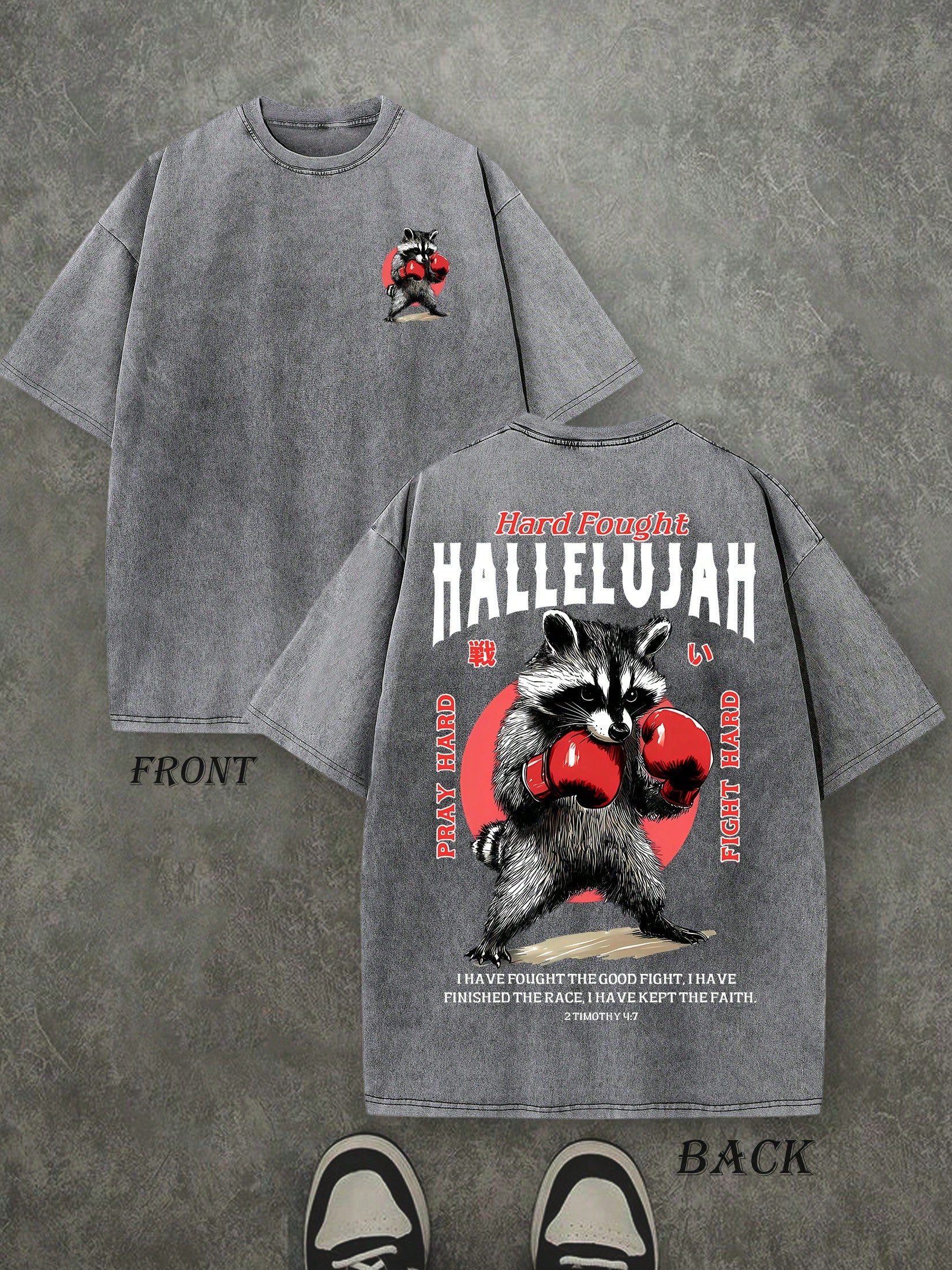 Retro Washed T-Shirt Double Sided Printed (230 Pure Cotton T-Shirt) 'HARD FOUGHT HALLELUJAH'  Letter And Boxing Pattern Print, Mens TShirt, Mens Shirt Casual, Comfortable, Fashionable T-Shirt, Street Style Cotton