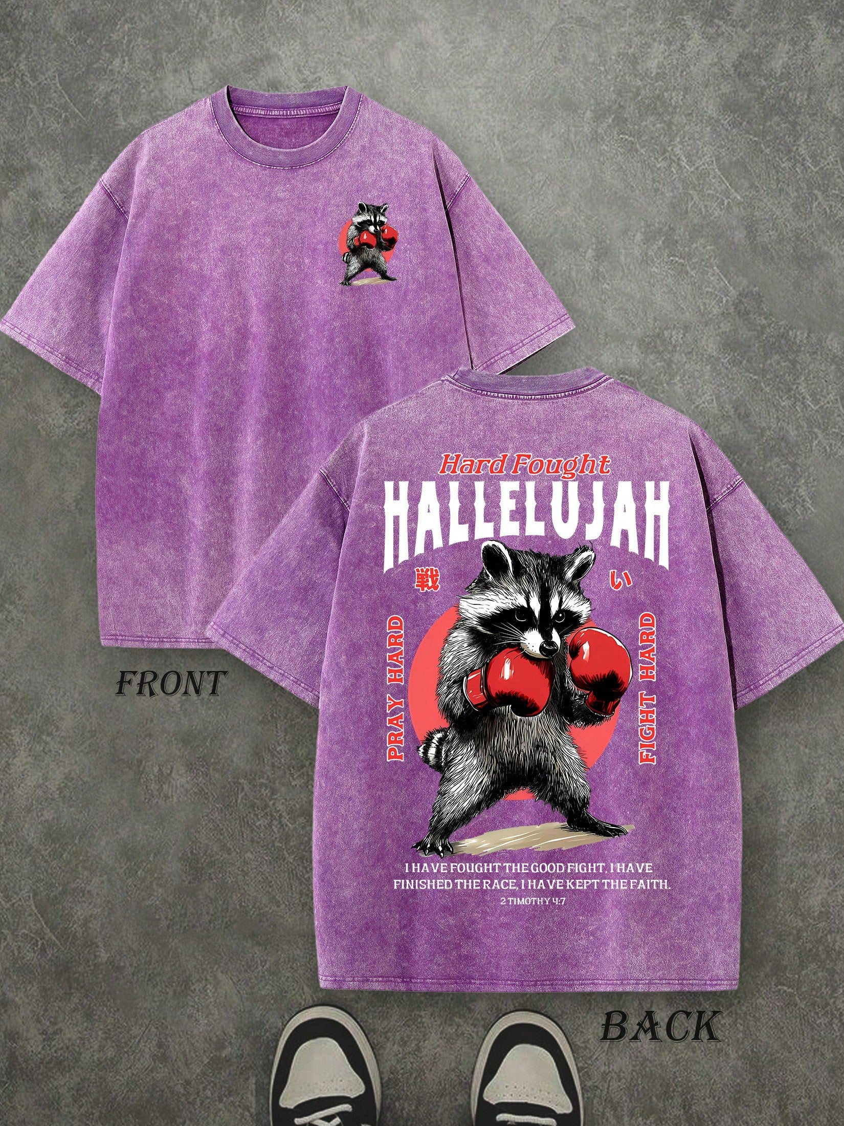 Retro Washed T-Shirt Double Sided Printed (230 Pure Cotton T-Shirt) 'HARD FOUGHT HALLELUJAH'  Letter And Boxing Pattern Print, Mens TShirt, Mens Shirt Casual, Comfortable, Fashionable T-Shirt, Street Style Cotton