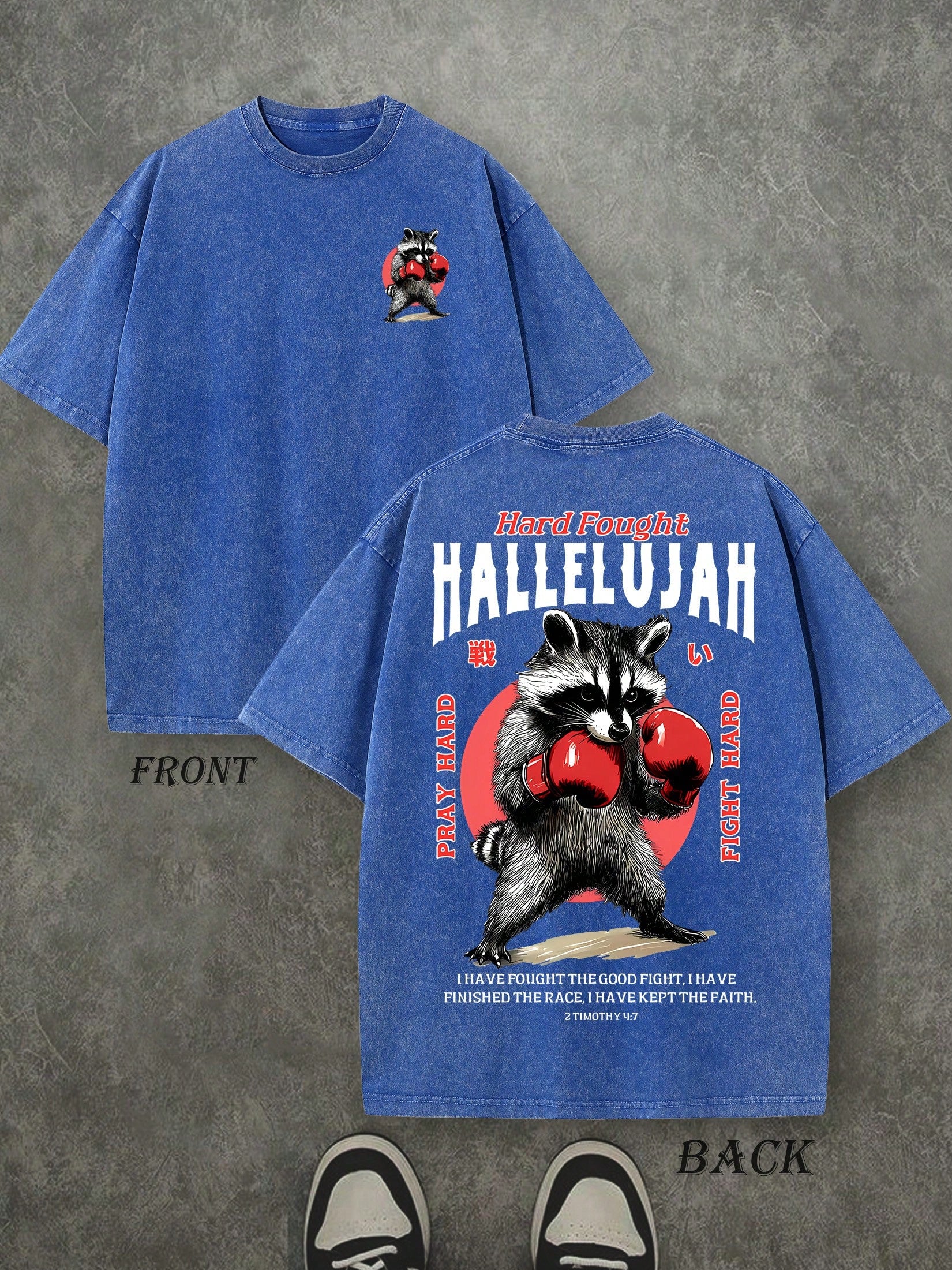 Retro Washed T-Shirt Double Sided Printed (230 Pure Cotton T-Shirt) 'HARD FOUGHT HALLELUJAH'  Letter And Boxing Pattern Print, Mens TShirt, Mens Shirt Casual, Comfortable, Fashionable T-Shirt, Street Style Cotton