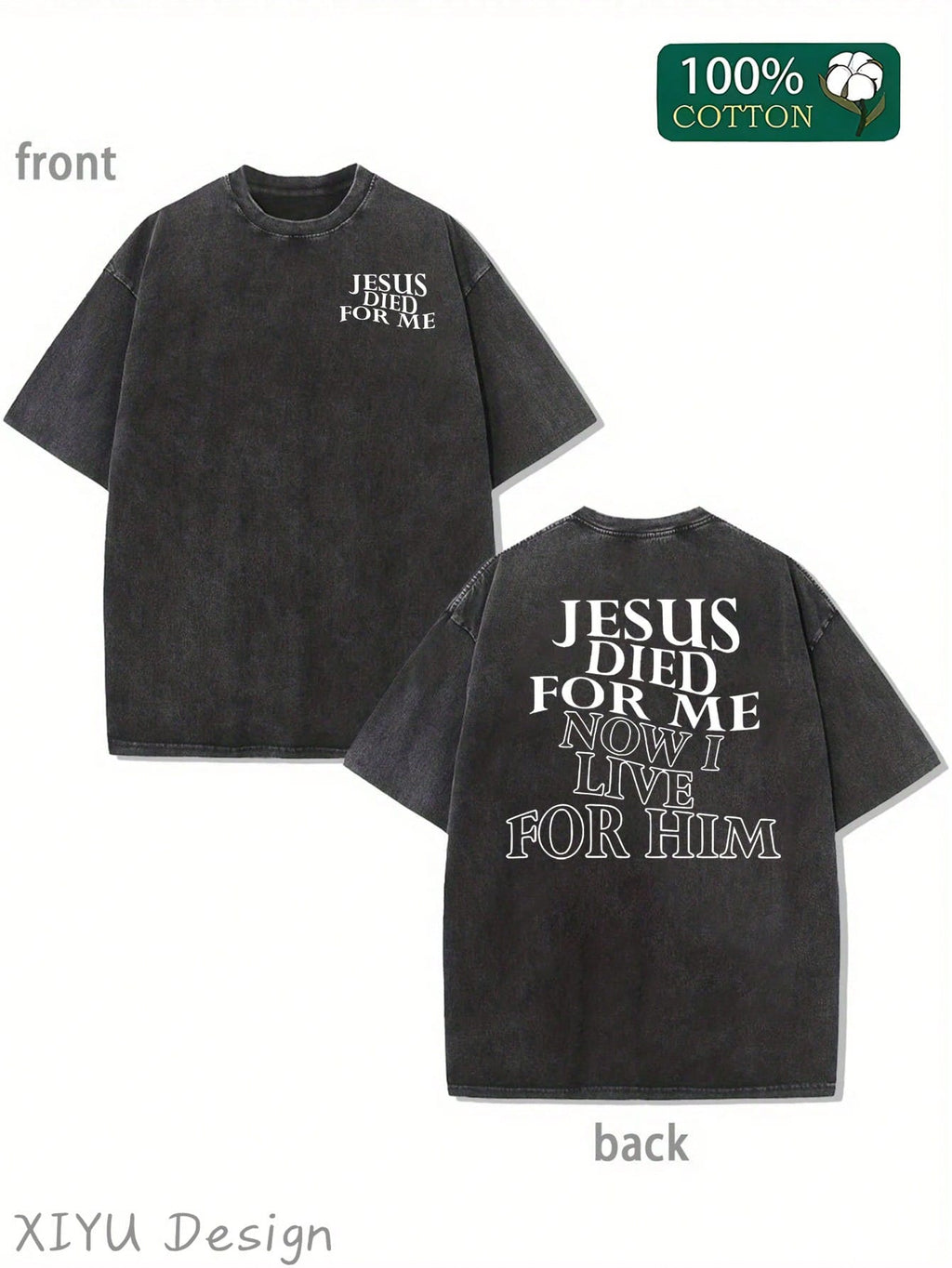 Men's Retro Washed T-Shirt, Jesus Died For Me, Now I Live For Him, Religious Elements, Suitable For Daily Street And Religious Expression Occasions, Comfortable Pure Cotton T-Shirt, Fashionable Design, Street Style