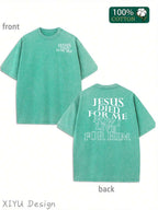 Men's Retro Washed T-Shirt, Jesus Died For Me, Now I Live For Him, Religious Elements, Suitable For Daily Street And Religious Expression Occasions, Comfortable Pure Cotton T-Shirt, Fashionable Design, Street Style