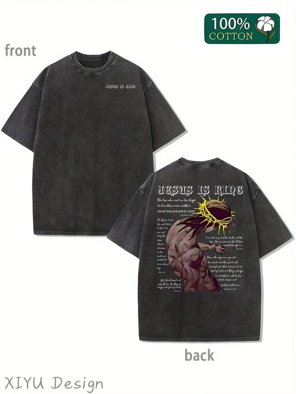 Men's Retro Washed T-Shirt, Wearing A Thorny Crown With Characters And Text Patterns, "JESUS IS KING", Suitable For Daily Outings And Religious Activities, Comfortable Pure Cotton T-Shirt, Fashionable Design, Street Style