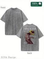 Men's Retro Washed T-Shirt, Wearing A Thorny Crown With Characters And Text Patterns, "JESUS IS KING", Suitable For Daily Outings And Religious Activities, Comfortable Pure Cotton T-Shirt, Fashionable Design, Street Style