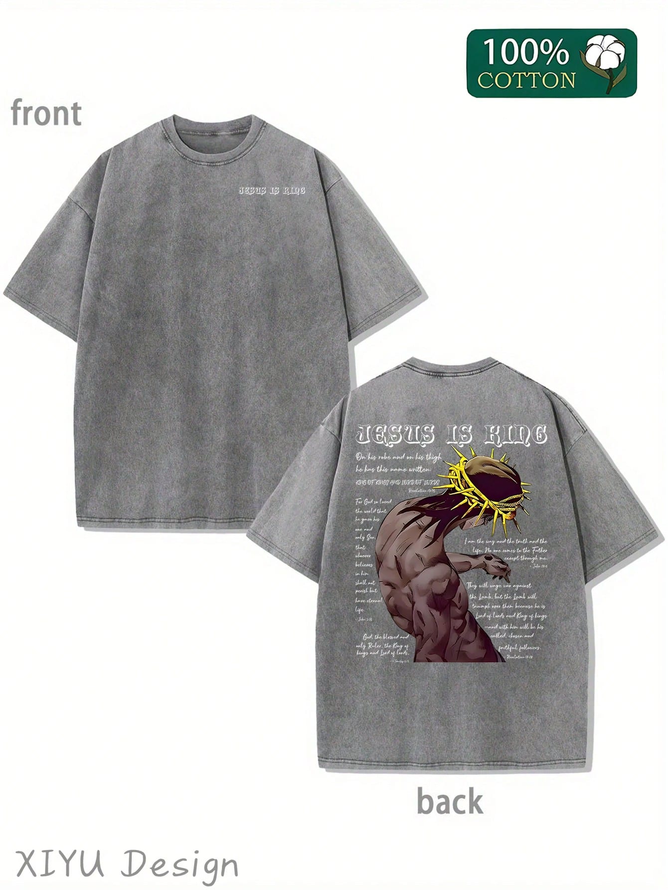 Men's Retro Washed T-Shirt, Wearing A Thorny Crown With Characters And Text Patterns, "JESUS IS KING", Suitable For Daily Outings And Religious Activities, Comfortable Pure Cotton T-Shirt, Fashionable Design, Street Style