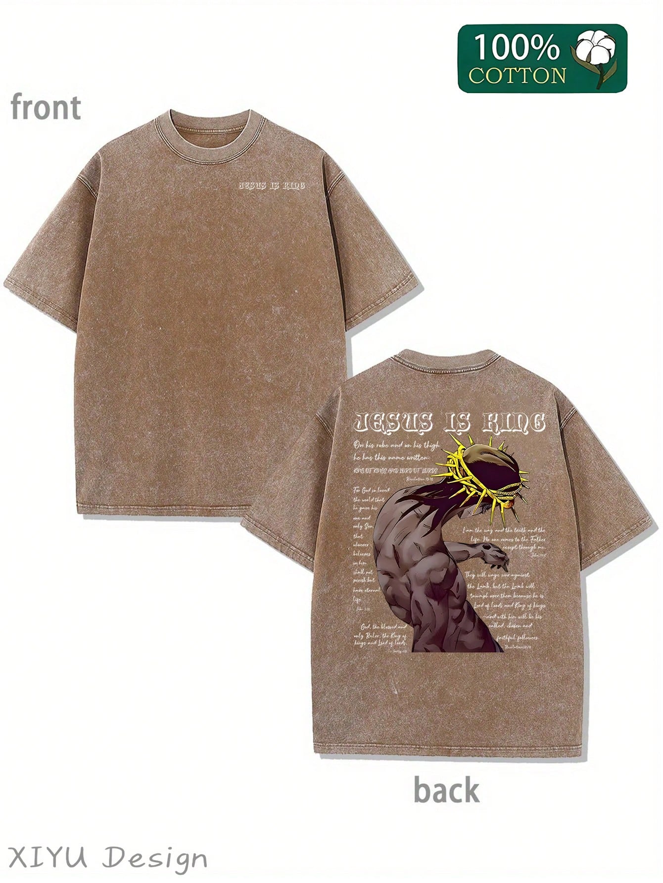 Men's Retro Washed T-Shirt, Wearing A Thorny Crown With Characters And Text Patterns, "JESUS IS KING", Suitable For Daily Outings And Religious Activities, Comfortable Pure Cotton T-Shirt, Fashionable Design, Street Style