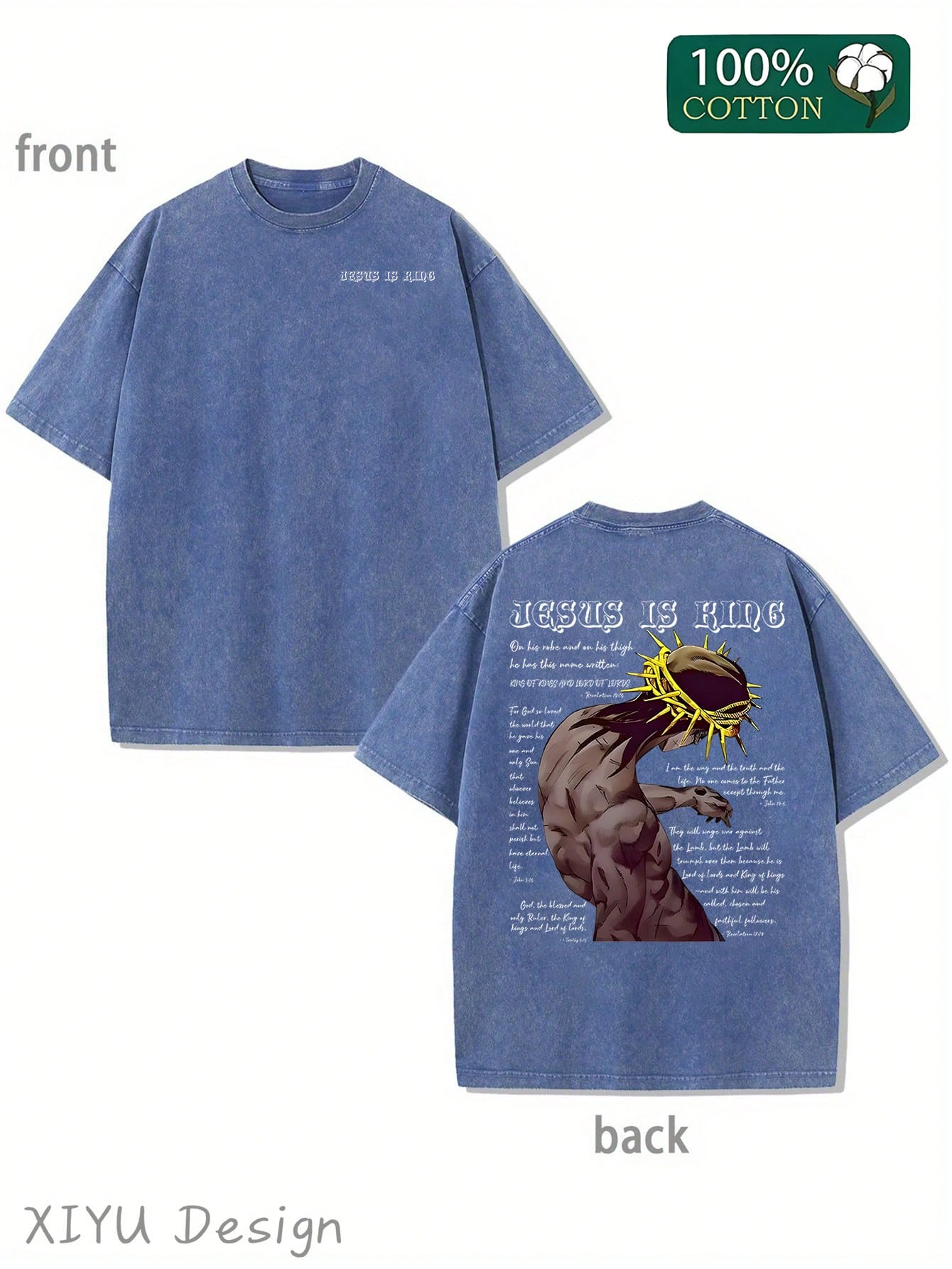 Men's Retro Washed T-Shirt, Wearing A Thorny Crown With Characters And Text Patterns, "JESUS IS KING", Suitable For Daily Outings And Religious Activities, Comfortable Pure Cotton T-Shirt, Fashionable Design, Street Style
