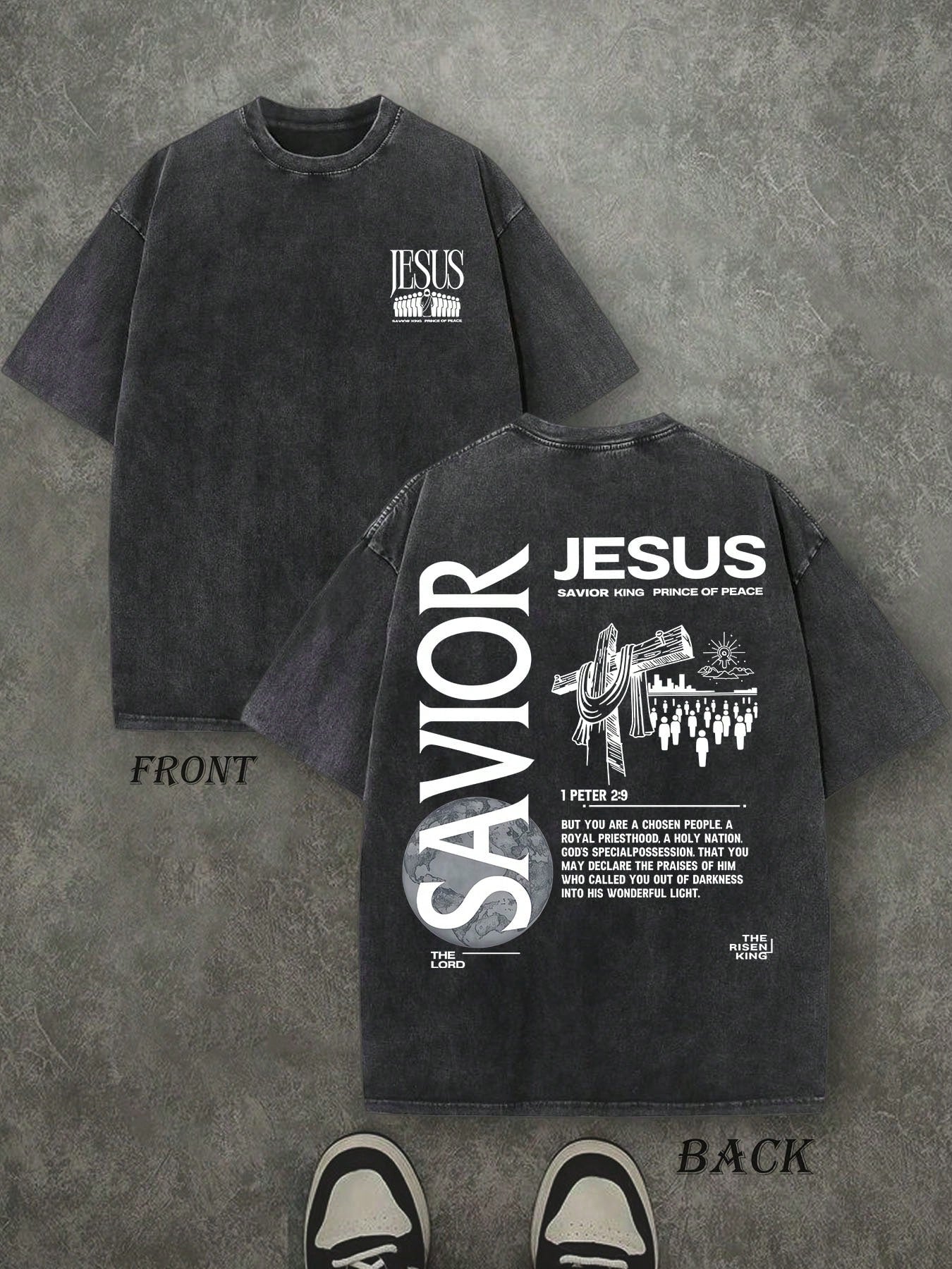 Jesus Savior King Unisex Washed Christian Shirt, Christian Scripture T-Shirt, Vintage Retro Washed Shirt Double Sided Printed (230 Heavyweight Pure Cotton T-Shirt)  High Quality Christian T-Shirt, Christian Gifts, Men's And Women's Shirts, Comfortable, Fa