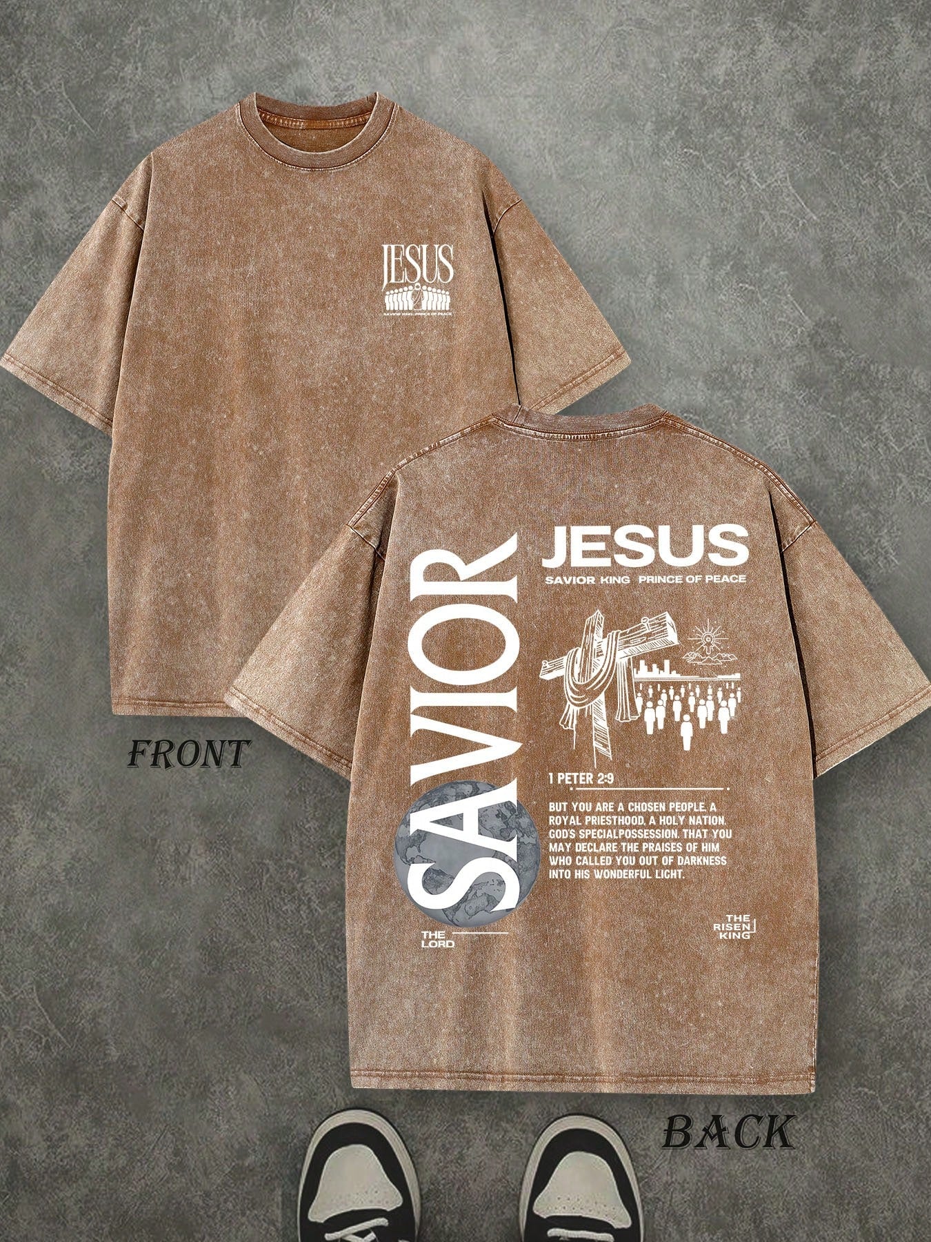 Jesus Savior King Unisex Washed Christian Shirt, Christian Scripture T-Shirt, Vintage Retro Washed Shirt Double Sided Printed (230 Heavyweight Pure Cotton T-Shirt)  High Quality Christian T-Shirt, Christian Gifts, Men's And Women's Shirts, Comfortable, Fa