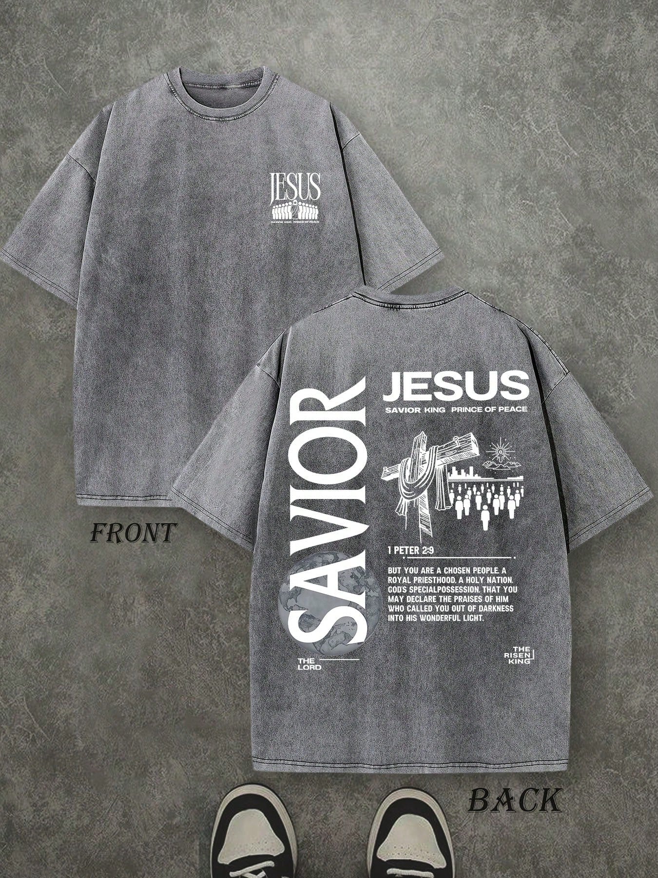 Jesus Savior King Unisex Washed Christian Shirt, Christian Scripture T-Shirt, Vintage Retro Washed Shirt Double Sided Printed (230 Heavyweight Pure Cotton T-Shirt)  High Quality Christian T-Shirt, Christian Gifts, Men's And Women's Shirts, Comfortable, Fa