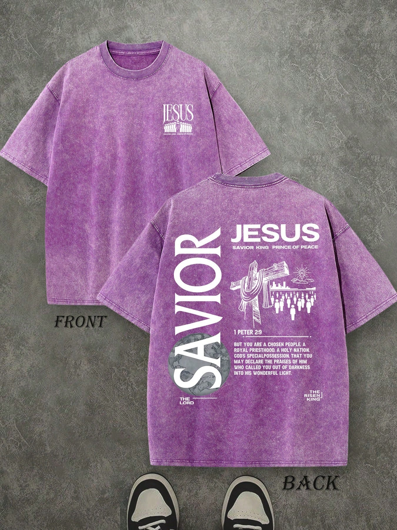 Jesus Savior King Unisex Washed Christian Shirt, Christian Scripture T-Shirt, Vintage Retro Washed Shirt Double Sided Printed (230 Heavyweight Pure Cotton T-Shirt)  High Quality Christian T-Shirt, Christian Gifts, Men's And Women's Shirts, Comfortable, Fa