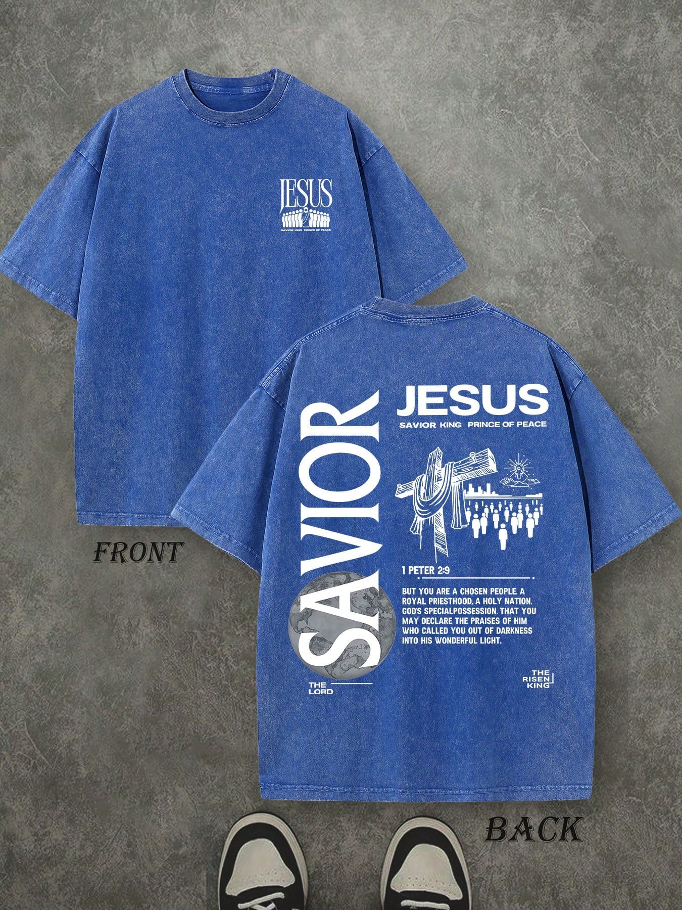 Jesus Savior King Unisex Washed Christian Shirt, Christian Scripture T-Shirt, Vintage Retro Washed Shirt Double Sided Printed (230 Heavyweight Pure Cotton T-Shirt)  High Quality Christian T-Shirt, Christian Gifts, Men's And Women's Shirts, Comfortable, Fa