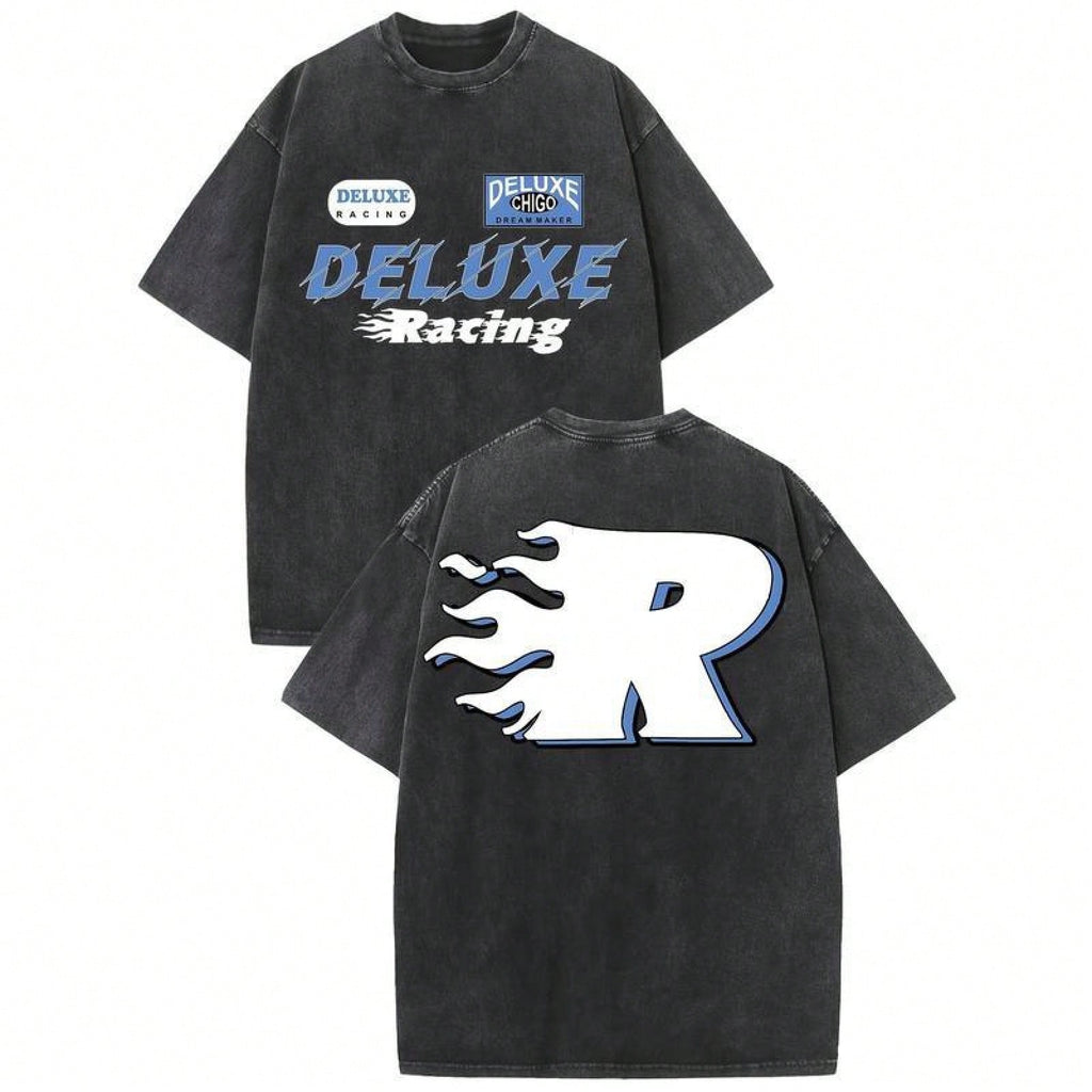 Deluxe Racing Vintage Washed High Quality Cotton Pattern Print Cotton Tee Men's T-Shirt Old Summer Clothing Drop Shoulder Sleeve Round Neck Tops Fashion Design Soft Fabric  Loose Hip Hop Unisex Retro Street Style1:1