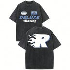 Deluxe Racing Vintage Washed High Quality Cotton Pattern Print Cotton Tee Men's T-Shirt Old Summer Clothing Drop Shoulder Sleeve Round Neck Tops Fashion Design Soft Fabric  Loose Hip Hop Unisex Retro Street Style1:1