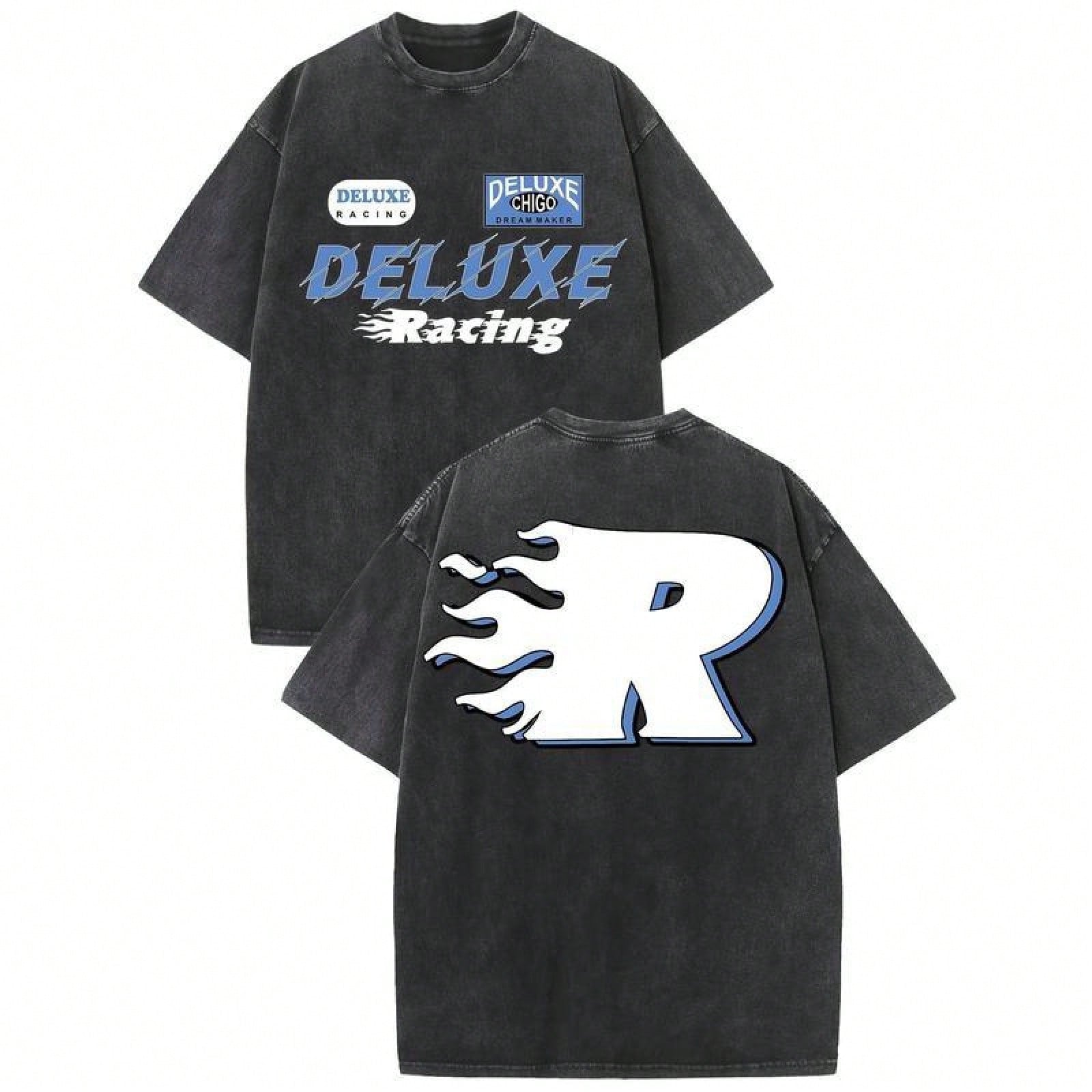 Deluxe Racing Vintage Washed High Quality Cotton Pattern Print Cotton Tee Men's T-Shirt Old Summer Clothing Drop Shoulder Sleeve Round Neck Tops Fashion Design Soft Fabric  Loose Hip Hop Unisex Retro Street Style1:1