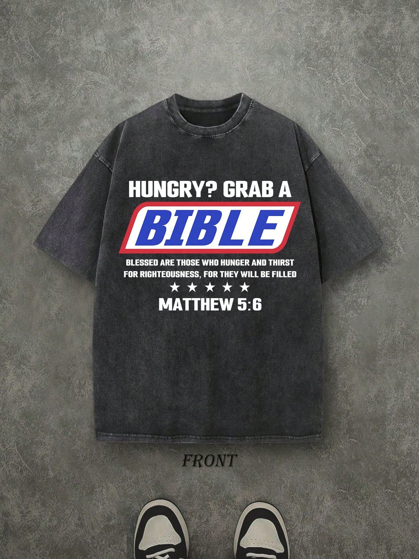HUNGRY? GRAB A Unisex Washed Christian Shirt, Christian Scripture T-Shirt, Vintage Retro Washed Shirt Single-Sided Printed (230 Heavyweight Pure Cotton T-Shirt)  High Quality Christian T-Shirt, Christian Gifts, Men's And Women's Shirts, Comfortable, Fashi