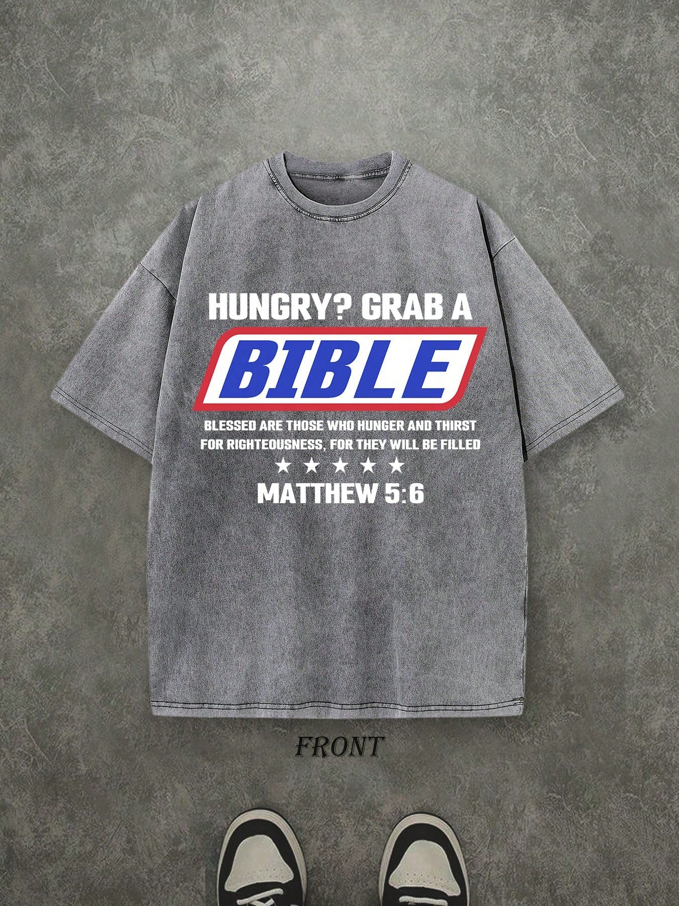 HUNGRY? GRAB A Unisex Washed Christian Shirt, Christian Scripture T-Shirt, Vintage Retro Washed Shirt Single-Sided Printed (230 Heavyweight Pure Cotton T-Shirt)  High Quality Christian T-Shirt, Christian Gifts, Men's And Women's Shirts, Comfortable, Fashi