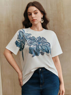 Anewsta Women's Fashion Luxury Casual Embroidered Beaded Print Short Sleeve Round Neck Plus Size T-Shirt1:1