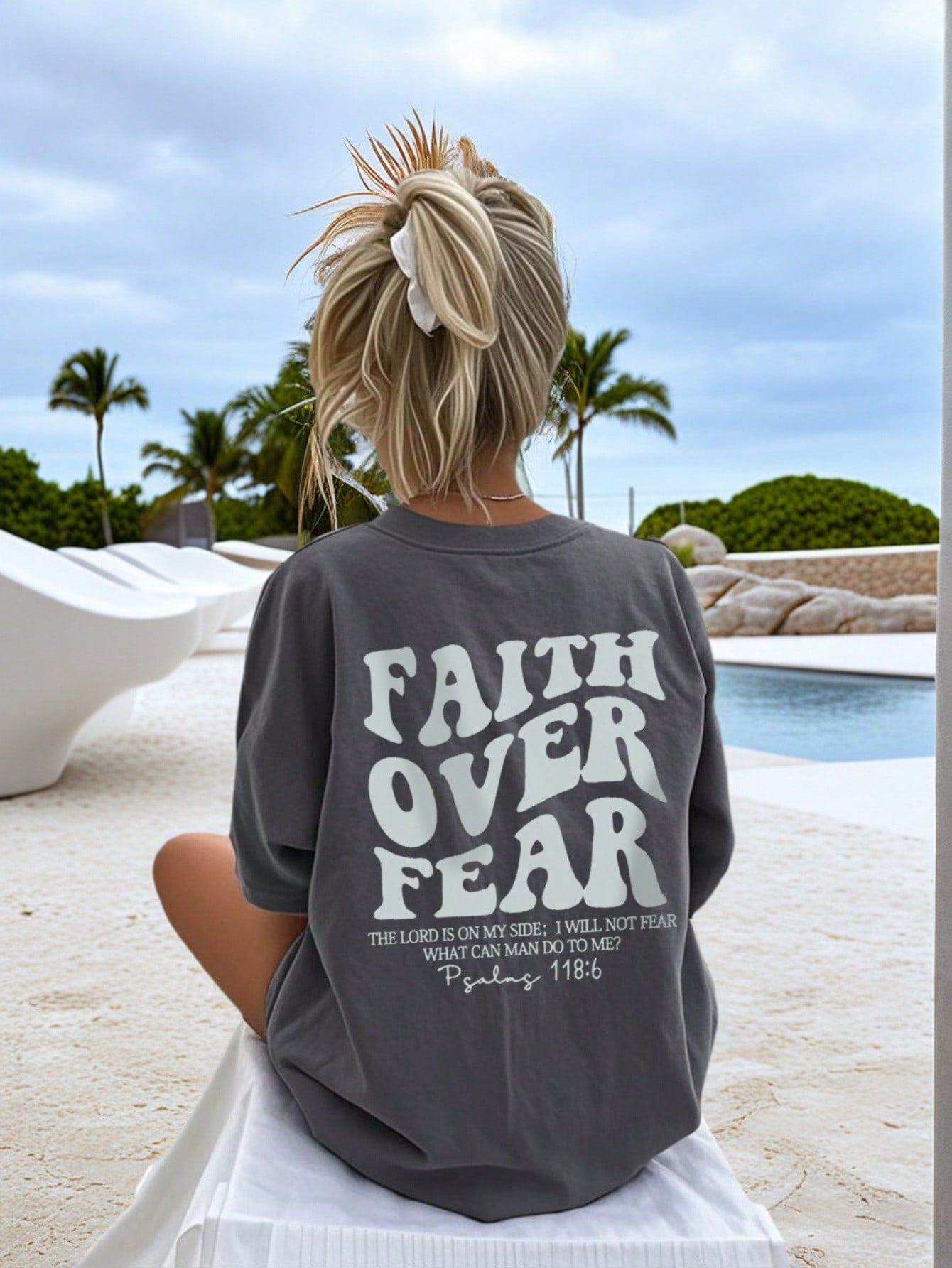 Ladies' Spring And Summer New Style Faith Over Fear Letter Print Daily Casual Round Neck Short Sleeved T-Shirt, Fashionable Vacation Style, Your Daily Necessity. Vacation Outfits Women Graphic Tees Women White Top
