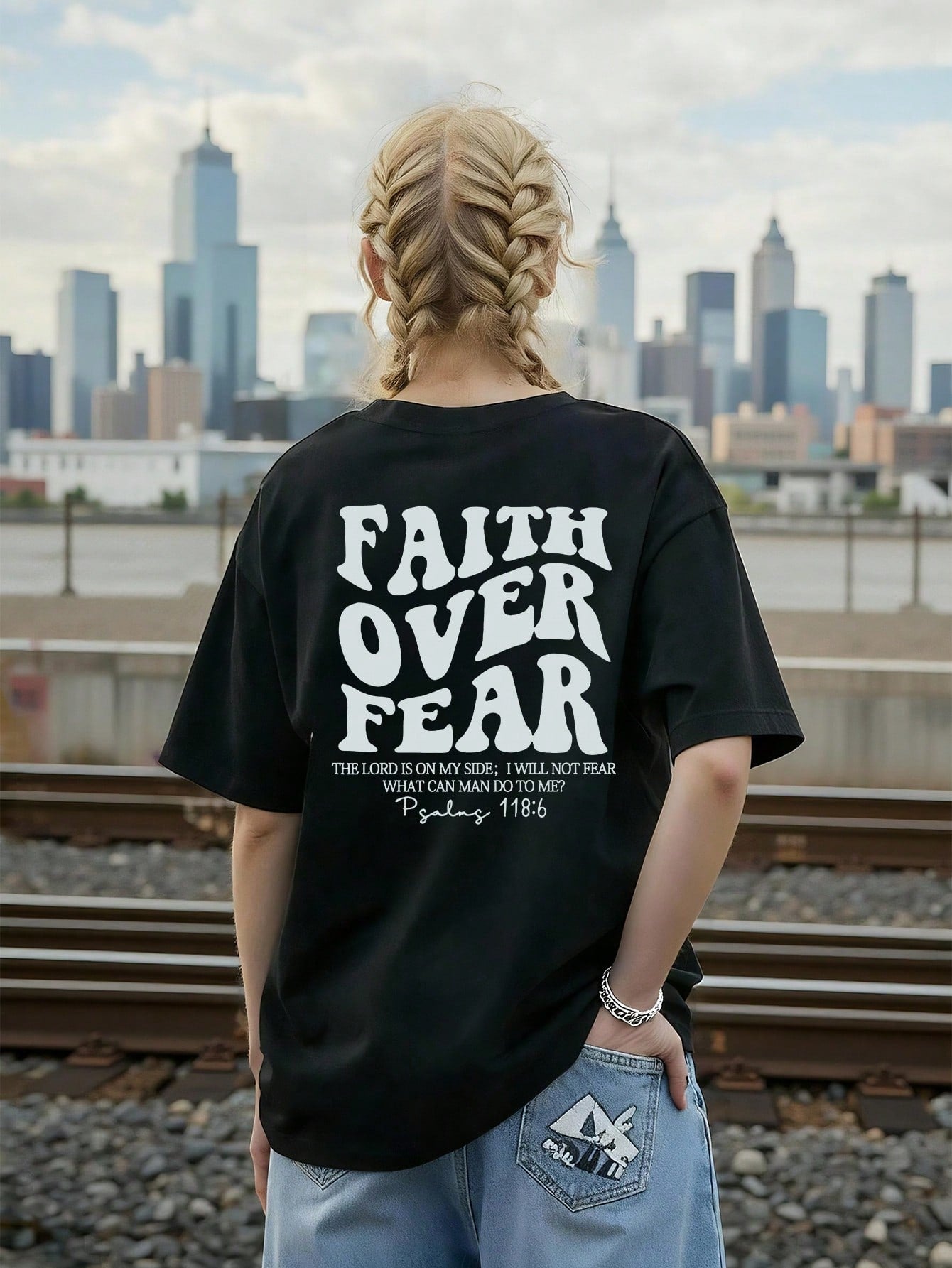 Ladies' Spring And Summer New Style Faith Over Fear Letter Print Daily Casual Round Neck Short Sleeved T-Shirt, Fashionable Vacation Style, Your Daily Necessity. Vacation Outfits Women Graphic Tees Women White Top