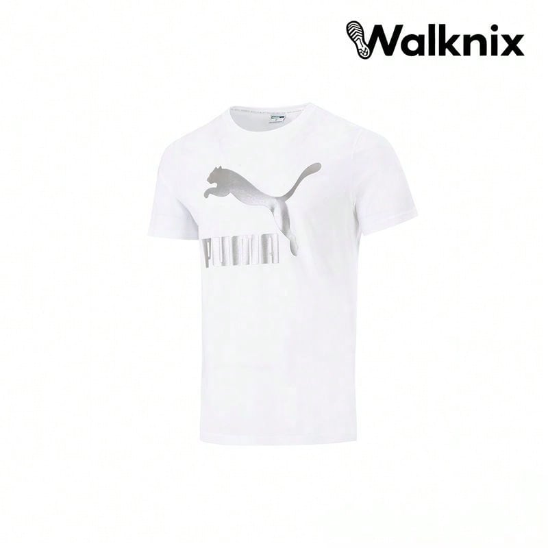 Puma Sports Logo Print Short Sleeve T-Shirt White Tops Men1:1
