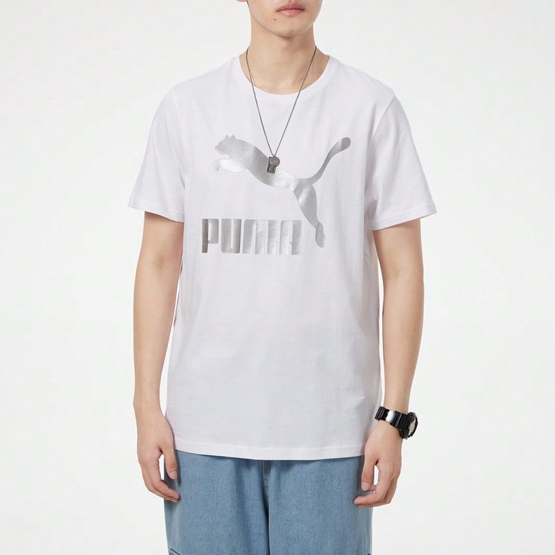 Puma Sports Logo Print Short Sleeve T-Shirt White Tops Men1:1