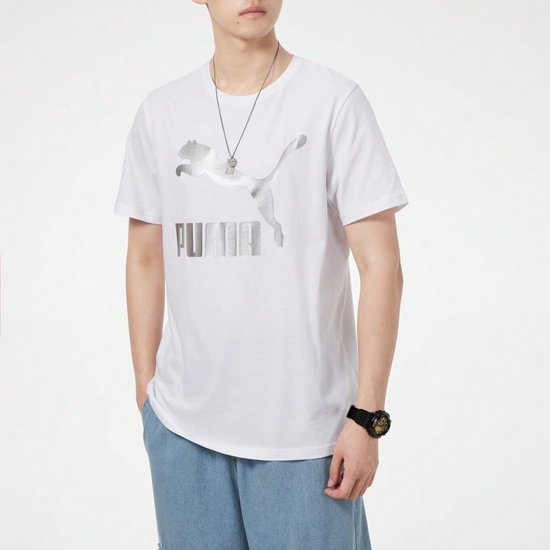 Puma Sports Logo Print Short Sleeve T-Shirt White Tops Men1:1