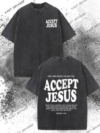 Men'S 230g Washed T-Shirt | Double-Sided "Accept " and Romans 10:9 Print, Vintage Casual Short Sleeve, Summer Beach Outdoor Vacation Gift, Machine Washable, Vintage Style Beachwear, Distressed Effect, Soft Fabric, Crew Neck, All-Season