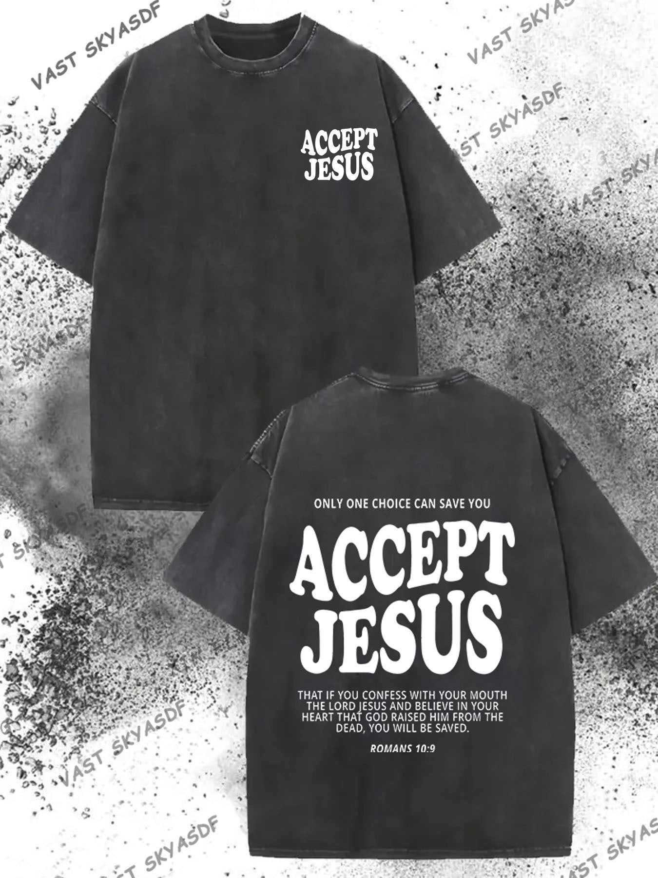 Men'S 230g Washed T-Shirt | Double-Sided "Accept " and Romans 10:9 Print, Vintage Casual Short Sleeve, Summer Beach Outdoor Vacation Gift, Machine Washable, Vintage Style Beachwear, Distressed Effect, Soft Fabric, Crew Neck, All-Season