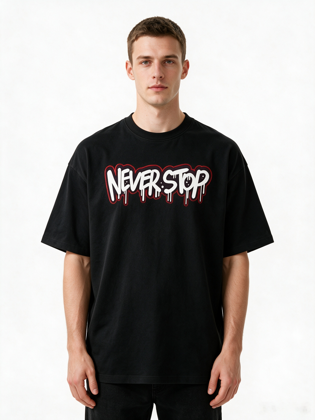 "NEVER STOP" Graffiti Letter Print Short-Sleeve T-Shirt – Heavyweight Pure Cotton, Oversized, American Retro Hip-Hop Streetwear Style