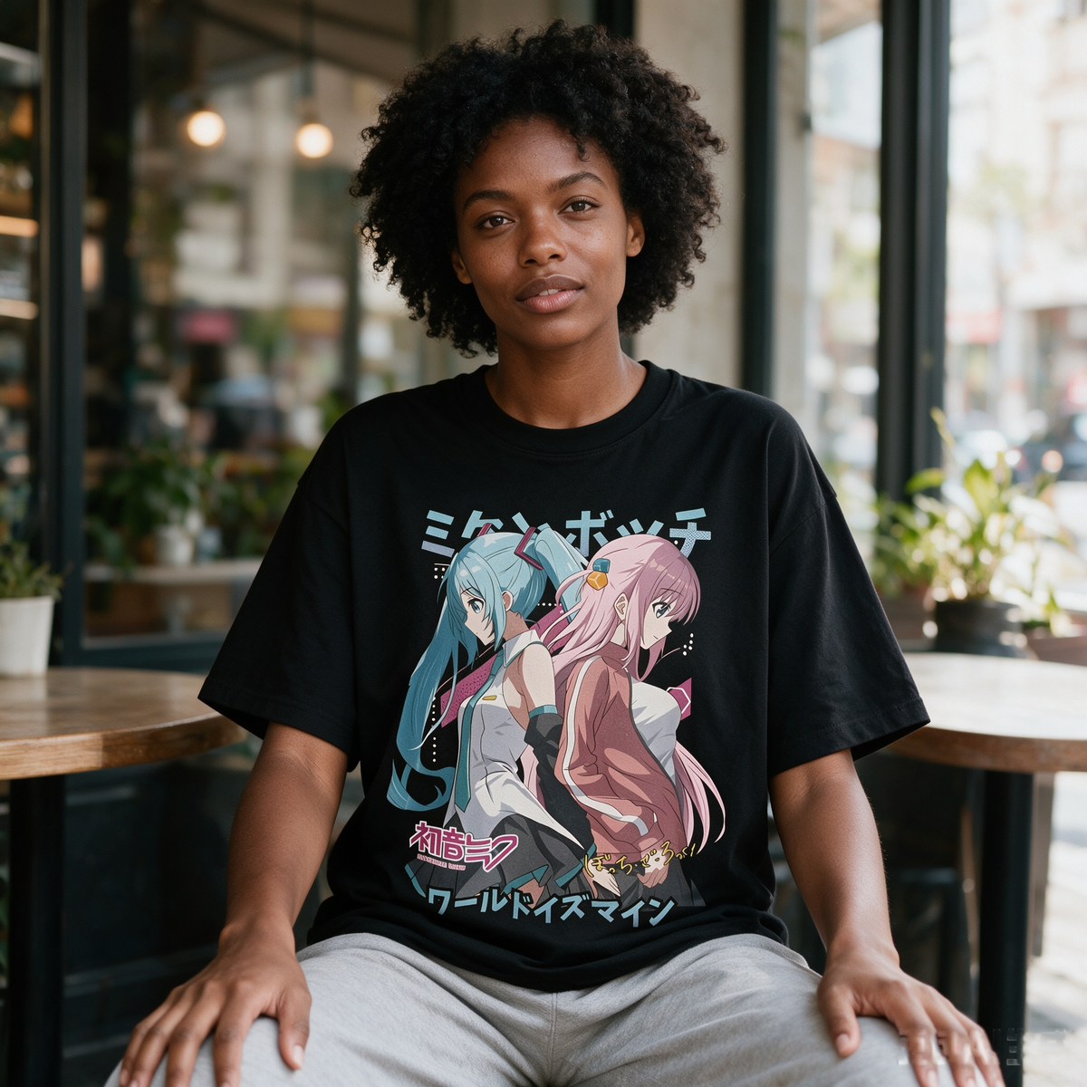 Oversized 100% Cotton Short-Sleeve T-Shirt with Large Anime Print (Hatsune Miku) – Japanese Streetwear Style for Women