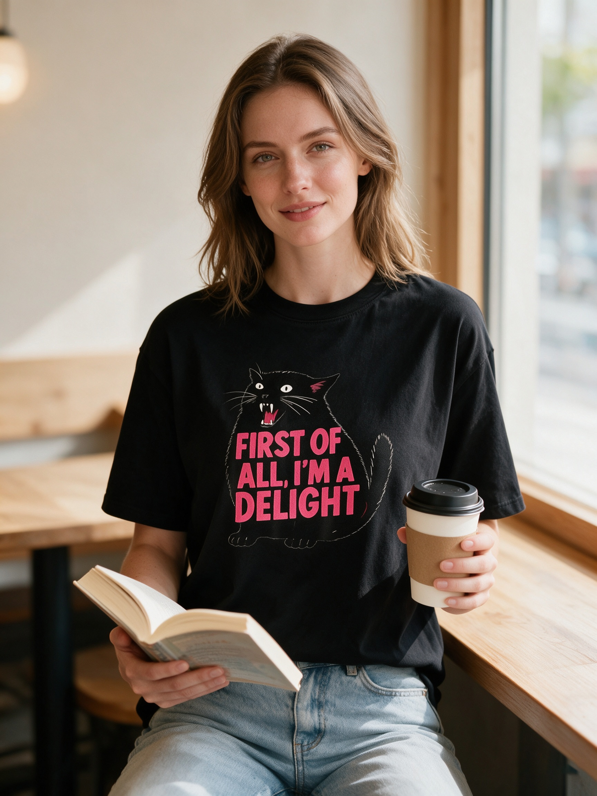 Fun & Quirky Black Cat Graphic T-Shirt – 100% Cotton, Oversized, Casual Short-Sleeve Tee for Cat Lovers