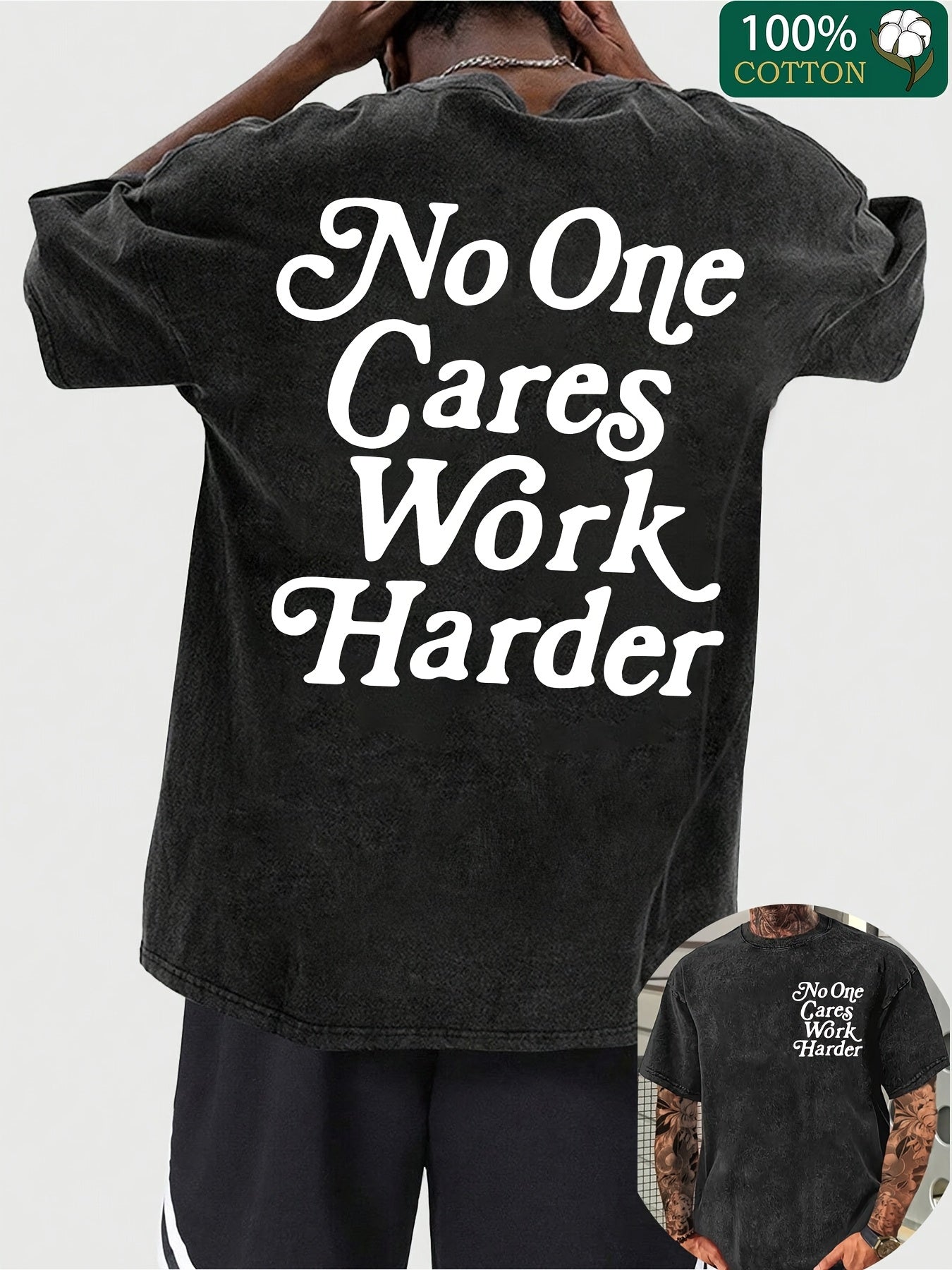 A Unisex Vintage-Style T-Shirt Featuring The Phrase "No One Cares Work Harder". It Has a Casual Round Neck, Short Sleeves, And Is Made from Knitted Fabric, Making It a Basic Piece Suitable for Everyday Wear in Spring And Autumn.