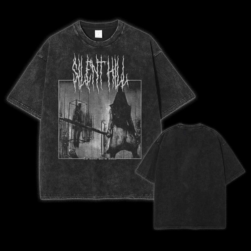 Holafish Silent Hill 2 T-Shirt, Unisex Pyramid Head Konami Metal Horror Video Game Tee, Acid Washed Lightweight Cotton T-Shirt, mens clothing Menswear Top