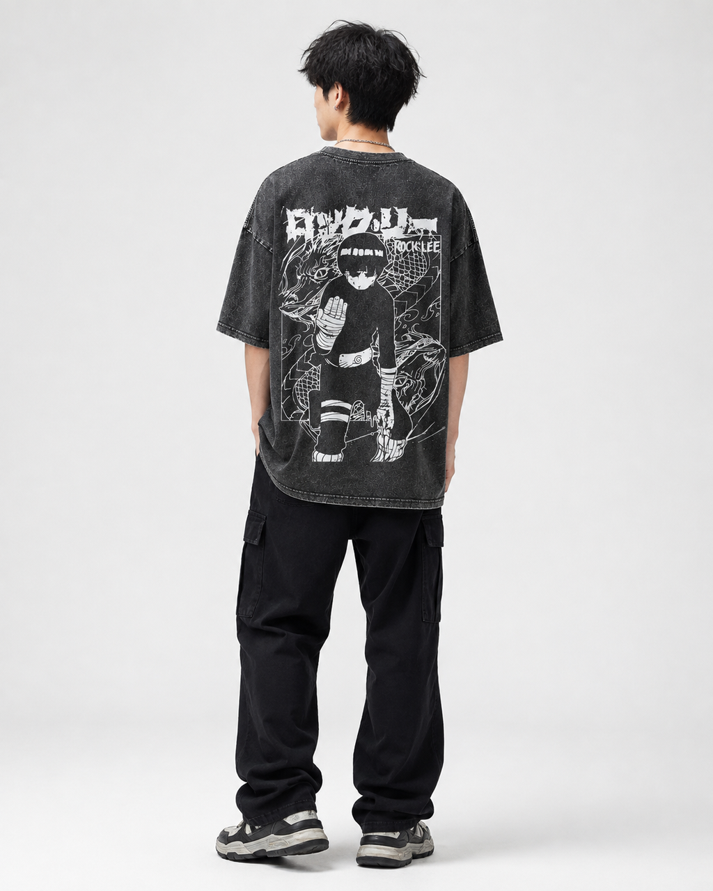 Heavyweight Unisex Vintage-Wash Loose-Fit T-Shirt with "Naruto" Rock Lee Anime Graphic