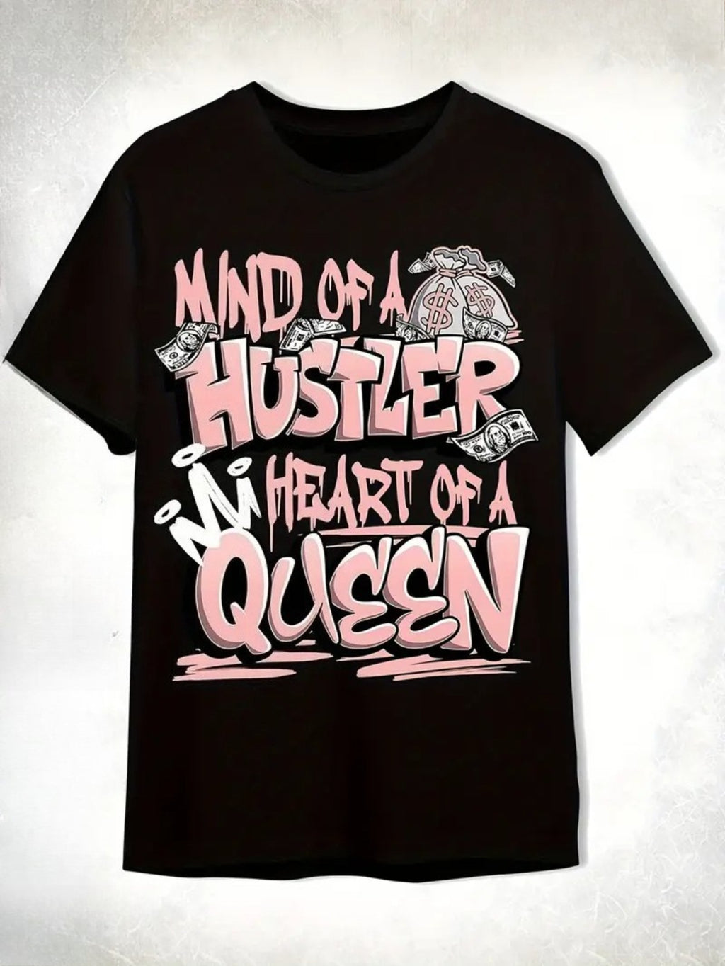 Mind Of A Hustler Heart Of A Queen Black T-Shirt - Bold Graphic Tee Featuring Pink & White Text with Money Bag and Dollar Bill Designs, Plus Size Men's Cotton T-Shirt for Fashion-Forward Casual Wear