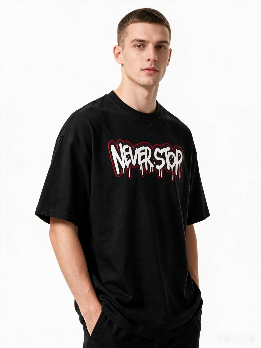 "NEVER STOP" Graffiti Letter Print Short-Sleeve T-Shirt – Heavyweight Pure Cotton, Oversized, American Retro Hip-Hop Streetwear Style