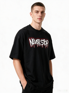"NEVER STOP" Graffiti Letter Print Short-Sleeve T-Shirt – Heavyweight Pure Cotton, Oversized, American Retro Hip-Hop Streetwear Style