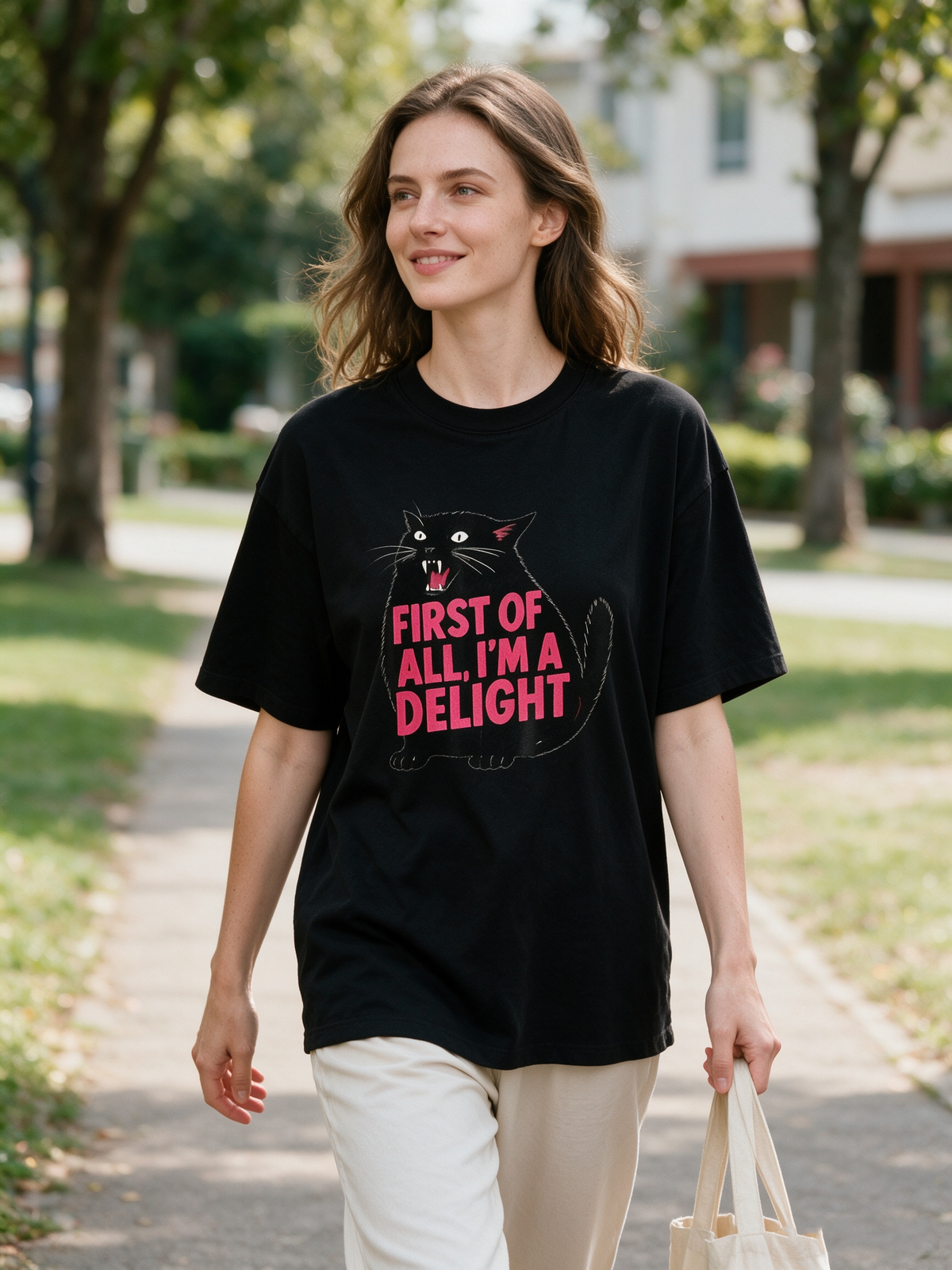 Fun & Quirky Black Cat Graphic T-Shirt – 100% Cotton, Oversized, Casual Short-Sleeve Tee for Cat Lovers