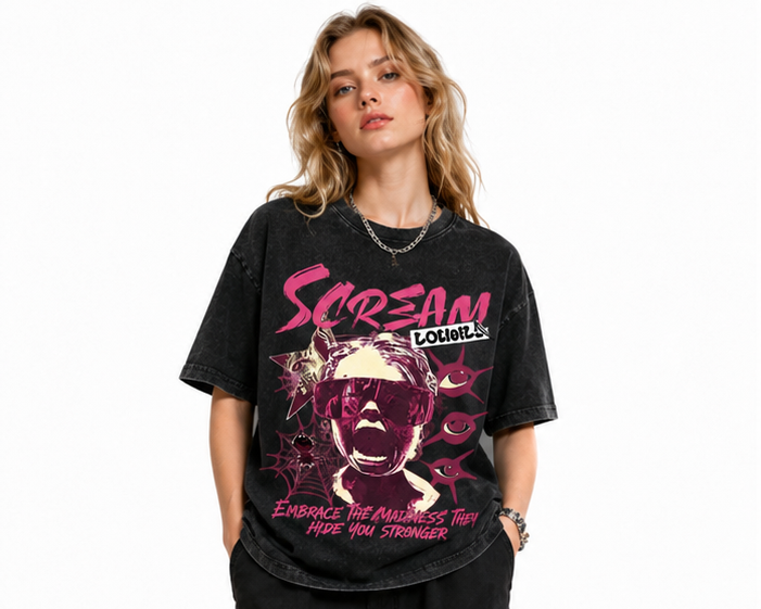 Women's American-style stone-washed vintage short-sleeve T-shirt featuring a dark, subculture-inspired portrait graffiti graphic in pink and purple.