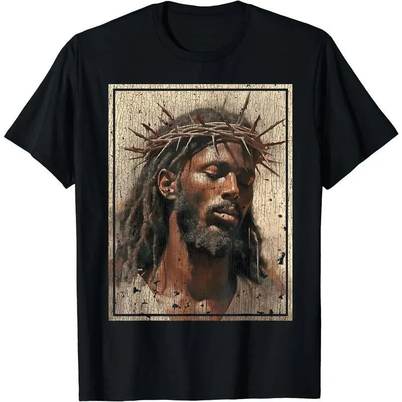 Vintage-Wash Short-Sleeve T-Shirt | Oversized Unisex Fit – Distressed Print Featuring "Black Jesus" with Crown of Thorns