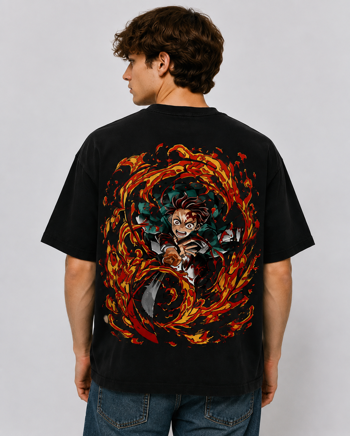 Distressed Black Anime-Themed Short-Sleeve T-Shirt – 100% Cotton, Oversized, Double-Sided Print – Casual Retro Style for Fans