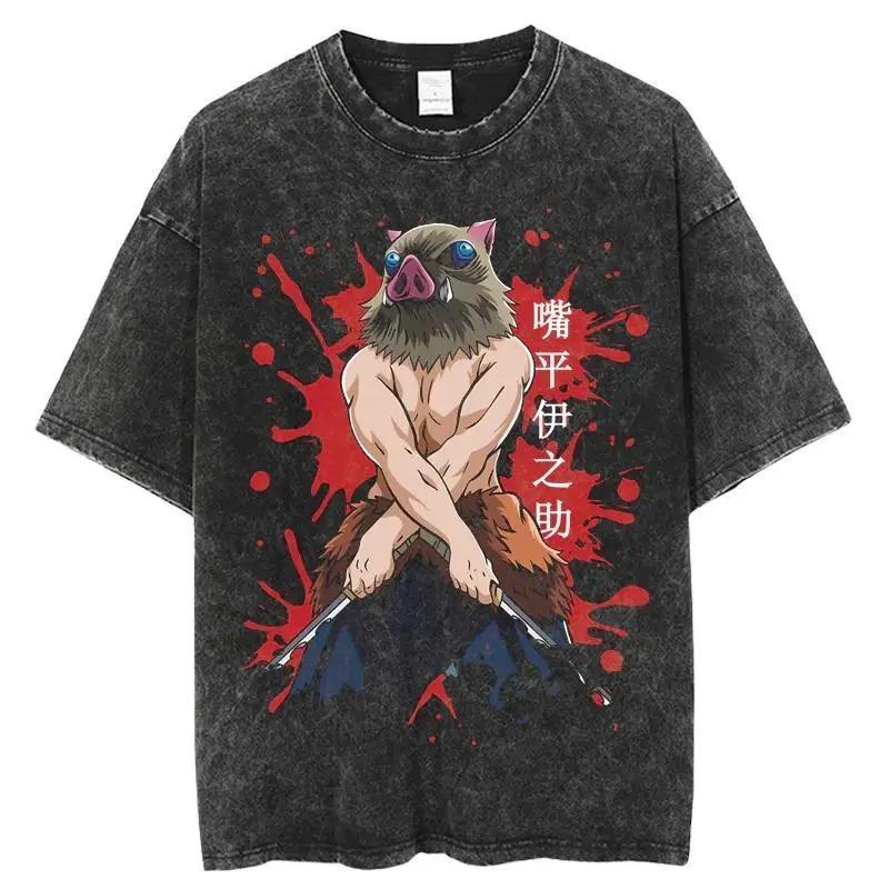Manga Kokushibou Akaza Douma Tops Tees Anime Demon Slayer T Shirts Vintage Washed Kimetsu No Yaiba T-shirt Short Sleeve Menswear Distressed